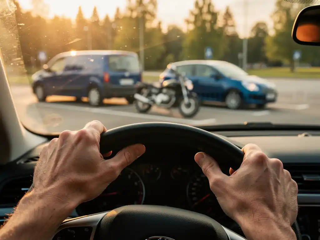 Ajo-opettajan kädet ohjauspyörässä, taustalla useita ajoneuvoja aurinkoisella autokoulu-pihalla